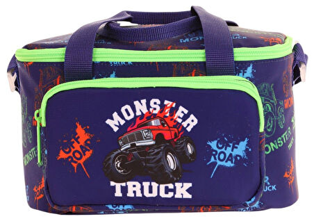 Kaukko Kids Thermo Isı Yalıtımlı Erkek Çocuk Monster Truck Yeşil Lacivert Beslenme Çantası L7279 (İki Bölmeli)