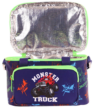 Kaukko Kids Thermo Isı Yalıtımlı Erkek Çocuk Monster Truck Yeşil Lacivert Beslenme Çantası L7279 (İki Bölmeli)