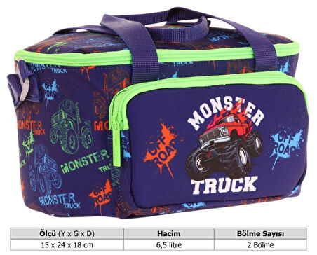 Kaukko Kids Thermo Isı Yalıtımlı Erkek Çocuk Monster Truck Yeşil Lacivert Beslenme Çantası L7279 (İki Bölmeli)