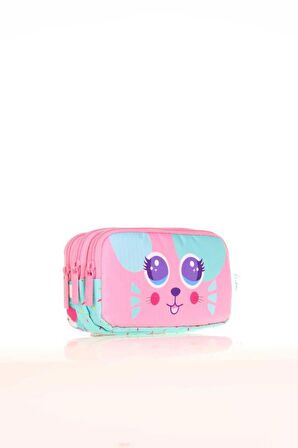 Kaukko Kids 3 Bölmeli Kalem Çantası Cute Face Mouse Pembe L8145