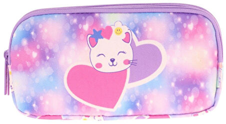 Kaukko Kids Üç Bölmeli Mor Pembe, Sevimli Kedi Baskılı, Kız Çocuk Okul Kalemliği - L8219