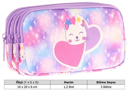 Kaukko Kids Üç Bölmeli Mor Pembe, Sevimli Kedi Baskılı, Kız Çocuk Okul Kalemliği - L8219