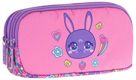 Kaukko Kids Üç Bölmeli Pembe Mor, Tavşan Baskılı, Kız Çocuk Okul Kalemliği - L8220