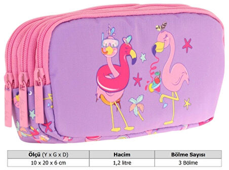 Kaukko Kids Pembe Mor, Flamingolar, Kız Çocuk Üç Gözlü Okul Kalem Çantası - L8240