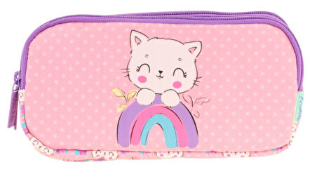 Kaukko Kids Pembe Mor, Kedili, Kız Çocuk Üç Gözlü Okul Kalem Çantası - L8241