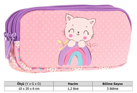 Kaukko Kids Pembe Mor, Kedili, Kız Çocuk Üç Gözlü Okul Kalem Çantası - L8241