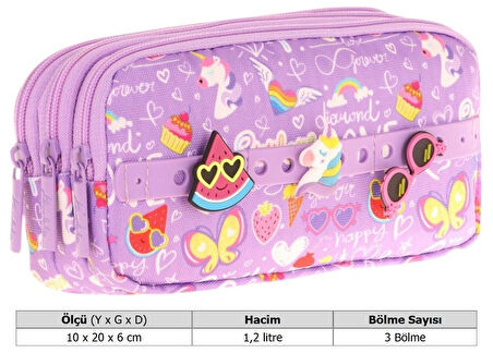 Kaukko Kids Mor, Yaz Temalı, Kız Çocuk Üç Gözlü Okul Kalem Çantası - L8245