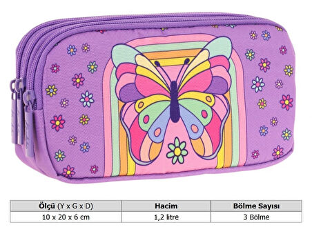 Kaukko Kids Mor Pembe, Kelebek, Kız Çocuk Üç Gözlü Okul Kalem Çantası - L8248