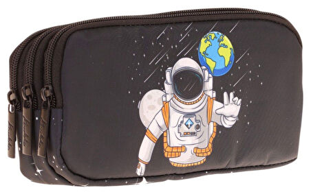 Kaukko Kids Siyah, Astronot, Erkek Çocuk Üç Bölmeli Okul Kalem Çantası - L8253