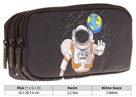 Kaukko Kids Siyah, Astronot, Erkek Çocuk Üç Bölmeli Okul Kalem Çantası - L8253