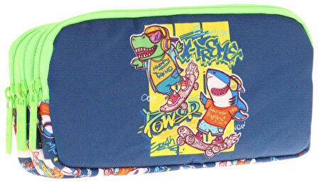 Kaukko Kids Lacivert Yeşil, Dinazor Temalı, Erkek Çocuk Üç Bölmeli Okul Kalem Çantası - L8256