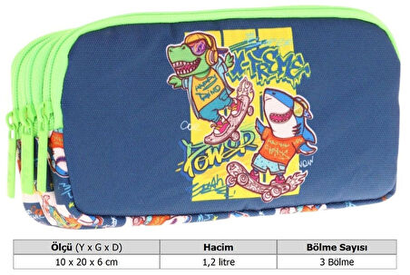 Kaukko Kids Lacivert Yeşil, Dinazor Temalı, Erkek Çocuk Üç Bölmeli Okul Kalem Çantası - L8256