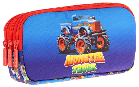 Kaukko Kids Kırmızı Mavi, Monster Truck, Erkek Çocuk Üç Bölmeli Okul Kalem Çantası - L8257