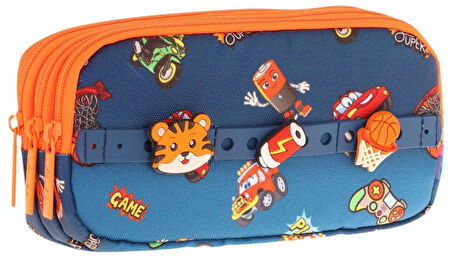 Kaukko Kids Lacivert Turuncu, Arabalar, Erkek Çocuk Üç Bölmeli Okul Kalem Çantası - L8259