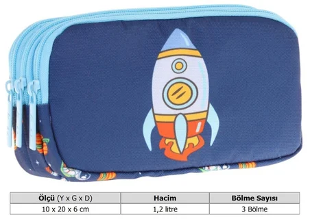 Kaukko Kids Mavi Lacivert, Roket Baskılı, Erkek Çocuk Üç Bölmeli Okul Kalem Çantası - L8260