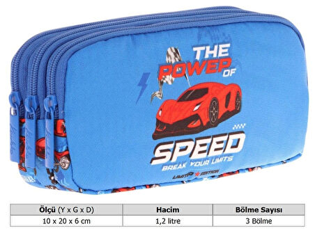 Kaukko Kids Mavi, Yarış Arabası Desenli, Erkek Çocuk Üç Bölmeli Okul Kalem Çantası - L8268