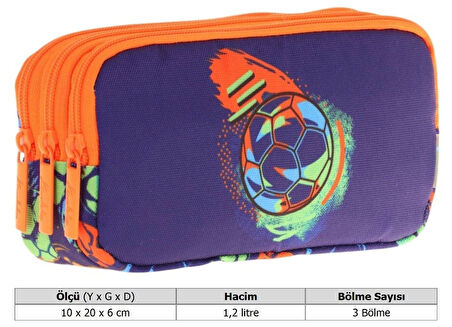 Kaukko Kids Turuncu Lacivert, Futbol Topu Baskılı, Erkek Çocuk Üç Bölmeli Okul Kalem Çantası - L8269