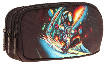 Kaukko Kids Siyah, Kayak Yapan Astonot, Erkek Çocuk Üç Bölmeli Kalemlik/Kalem Çantası - L8272