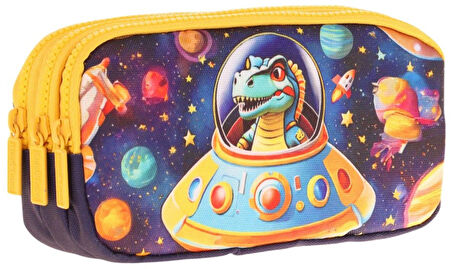 Kaukko Kids Sarı Siyah, Astronot Dinazor, Erkek Çocuk Üç Bölmeli Kalemlik/Kalem Çantası - L8273