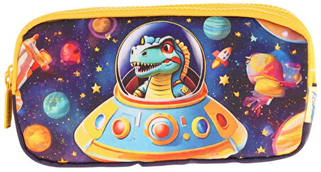 Kaukko Kids Sarı Siyah, Astronot Dinazor, Erkek Çocuk Üç Bölmeli Kalemlik/Kalem Çantası - L8273
