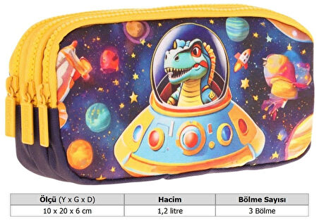Kaukko Kids Sarı Siyah, Astronot Dinazor, Erkek Çocuk Üç Bölmeli Kalemlik/Kalem Çantası - L8273