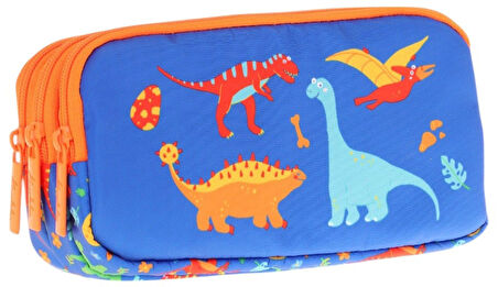 Kaukko Kids Turuncu Mavi, Dinazorlar Temalı, Erkek Çocuk Üç Bölmeli Kalemlik/Kalem Çantası - L8278