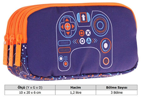 Kaukko Kids Turuncu Lacivert, Oyun, Erkek Çocuk Üç Bölmeli Kalemlik/Kalem Çantası - L8281