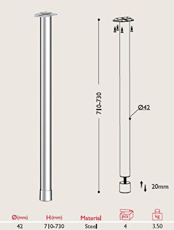Masa Ayağı 11.840 - 42mm (4 Adet) Metalik Gri