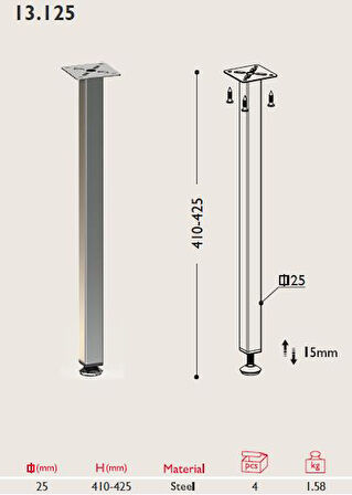 Sehpa Ayağı 13.125 - 25*25mm (4 Adet) Metalik Gri