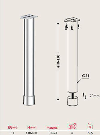 Sehpa Ayağı 13.851 - 51mm (4 Adet) Metalik Gri