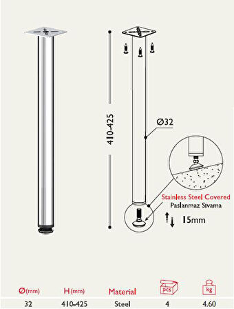 Sehpa Ayağı 13.171 - 32mm - 4 Adet Parlak krom