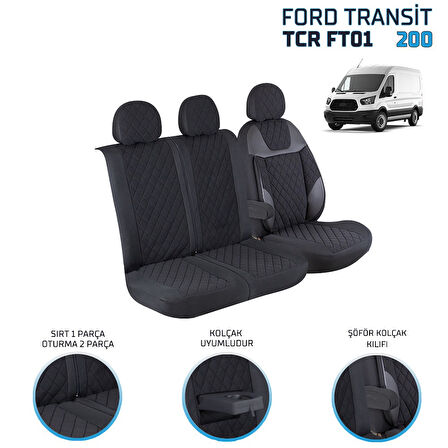 Ford Transit 2013 ve Sonrası 2+1 Ön Koltuk Kılıf Seti Alkantra Siyah Dikiş