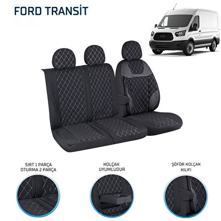 Ford Transit 2013 ve Sonrası 2+1 Ön Koltuk Kılıf Seti Alkantra Beyaz Dikiş