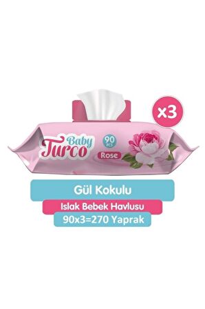 Baby Turco Gül Kokulu Alkolsüz 3 x 90 Yaprak 3 Paket Islak Mendil