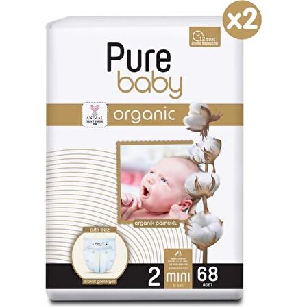 Pure Baby Organic 2 Numara Mini 136'lı Cırtlı Bez