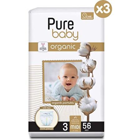 Pure Baby Organic 3 Numara Midi 168'li Cırtlı Bez