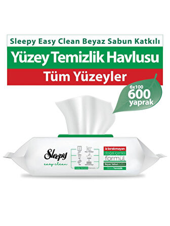 Sleepy Easy Clean Beyaz Sabun Katkılı Yüzey Temizlik Havlusu&Mendili 6x100 (600 Yaprak)