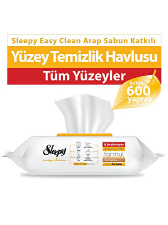 Sleepy Easy Clean Arap Sabunu Katkılı Yüzey Temizlik Havlusu&Mendili 6x100 (600 Yaprak)