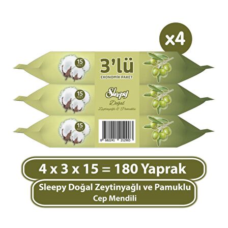 Sleepy Doğal Zeytinyağlı ve Pamuklu Cep Mendili 4x3x15 (180 Yaprak)