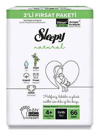 Sleepy Natural Fırsat Paketi Bebek Bezi 4+ Maxi Plus Numara 66 Adet