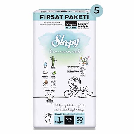 Sleepy Bio Natural Ultra Fırsat Paketi Bebek Bezi 1 Numara Newborn 250 Adet