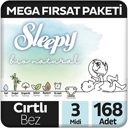 Sleepy Bio Natural Mega Fırsat Paketi Bebek Bezi 3 Numara Midi 168 Adet