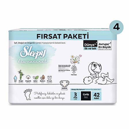 Sleepy Bio Natural Mega Fırsat Paketi Bebek Bezi 3 Numara Midi 168 Adet