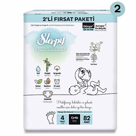 Sleepy Bio Natural 2'li Ekonomik Fırsat Paketi Bebek Bezi 4 Numara Maxi 164 Adet