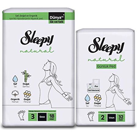 Sleepy Ekonomik İkili Paket (Natural Ultra Hassas Hijyenik Ped Gece 18'li + Günlük Ped Normal 32'li)