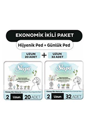 Sleepy Bio Natural Premium Plus Hijyenik Ped Uzun 20'li + Günlük Ped Uzun 32'li