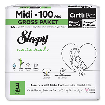 Sleepy Natural Gross Paket Bebek Bezi 3 Numara Midi 100 Adet