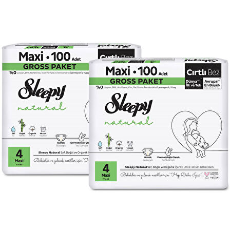 Sleepy Natural Gross Paket Bebek Bezi 4 Numara Maxi 200 Adet