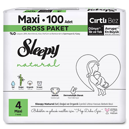 Sleepy Natural Gross Paket Bebek Bezi 4 Numara Maxi 100 Adet