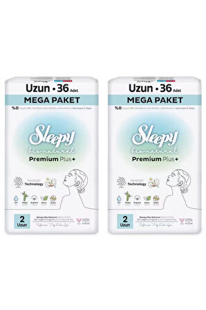 Sleepy Bio Natural Premium Plus Hijyenik Ped Mega Paket Uzun 36x2 (72 Adet) + Cüzdan Hediyeli